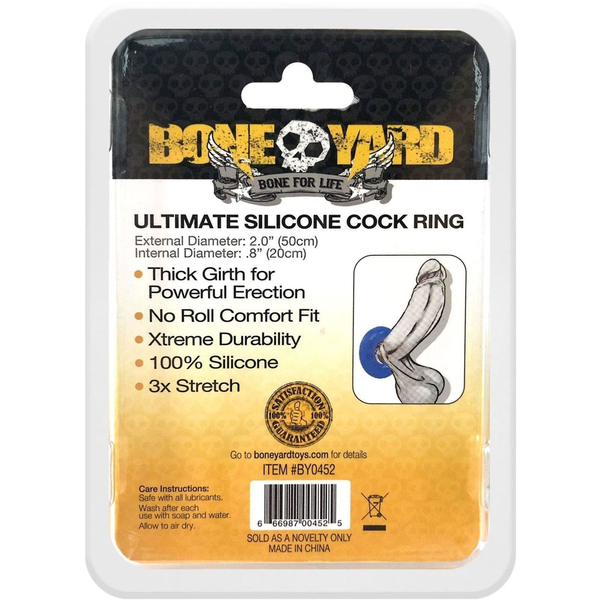 Boneyard Ultimate Silicone Cock Ring Blue packaging with features and dimensions for optimal performance.