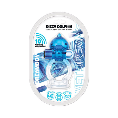 Wet Dreams Dizzy Dolphin Jelly Cock and Ball Sling Blue packaging with vibrating bullet and 10 frequencies.