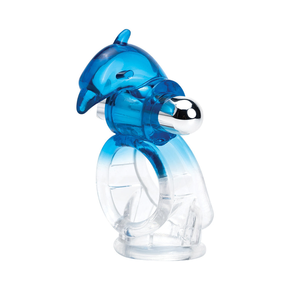 Wet Dreams Dizzy Dolphin Jelly Cock and Ball Sling Blue with dolphin design and vibrating bullet.
