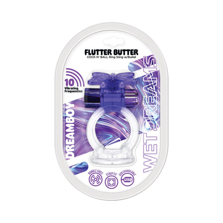 Wet Dreams Flutter Butter Jelly Cock and Ball Sling Purple packaging with 10 vibrating frequencies and a sleek design.