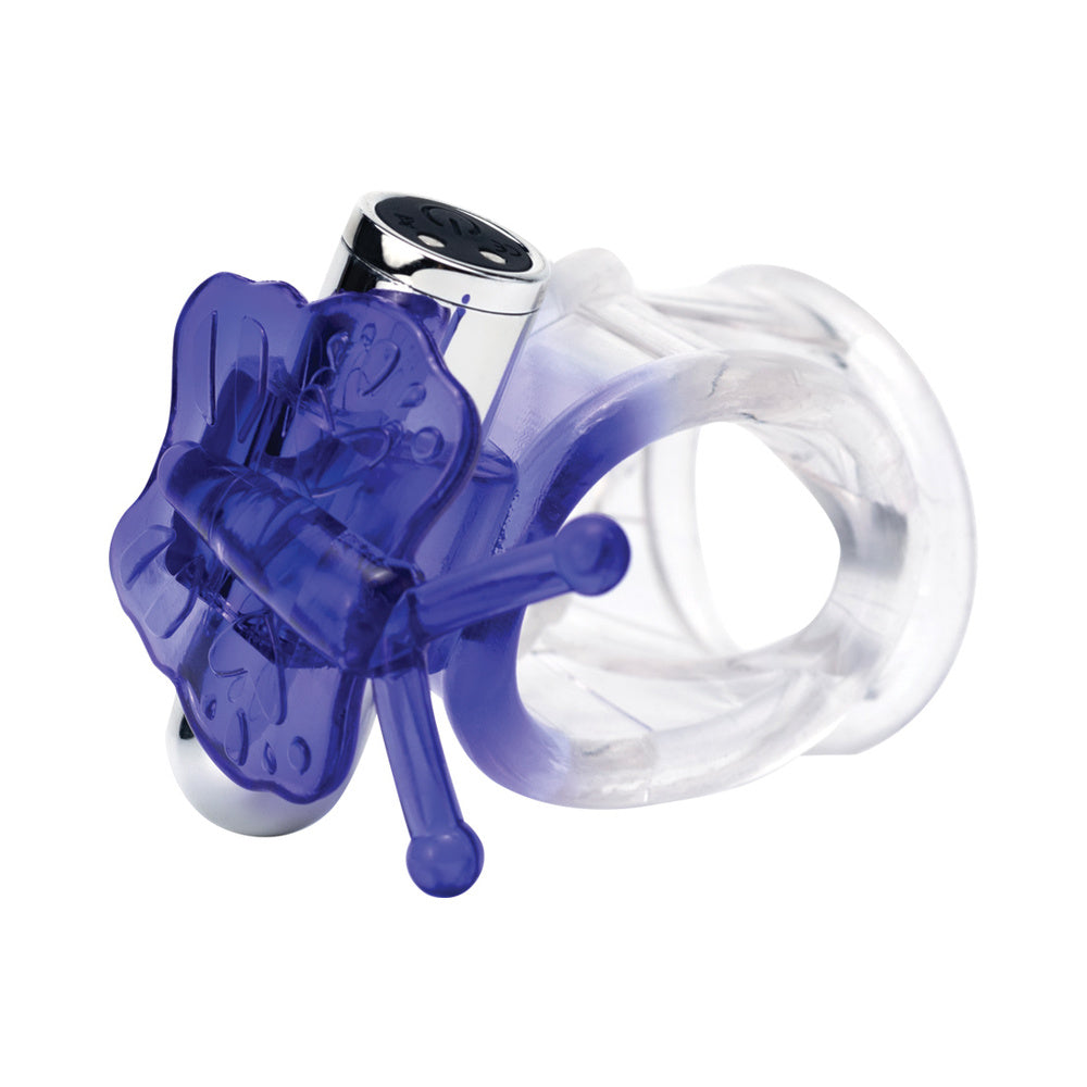 Wet Dreams Flutter Butter Jelly Cock and Ball Sling Purple with buzzing stimulation and butterfly design.