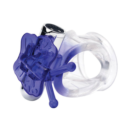 Wet Dreams Flutter Butter Jelly Cock and Ball Sling Purple with buzzing stimulation and butterfly design.