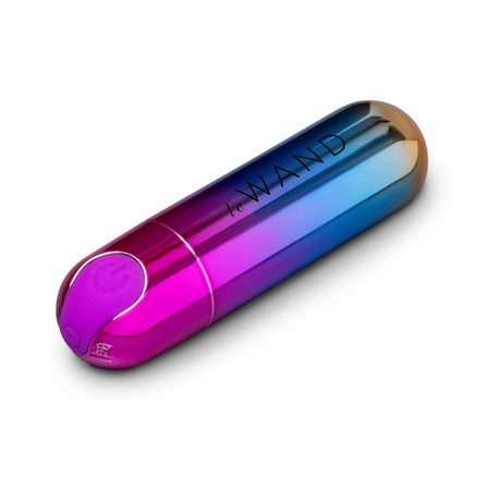 Le Wand Essentials Rechargeable Rainbow Bullet Vibrator in vibrant, sleek design with purple and blue gradient.