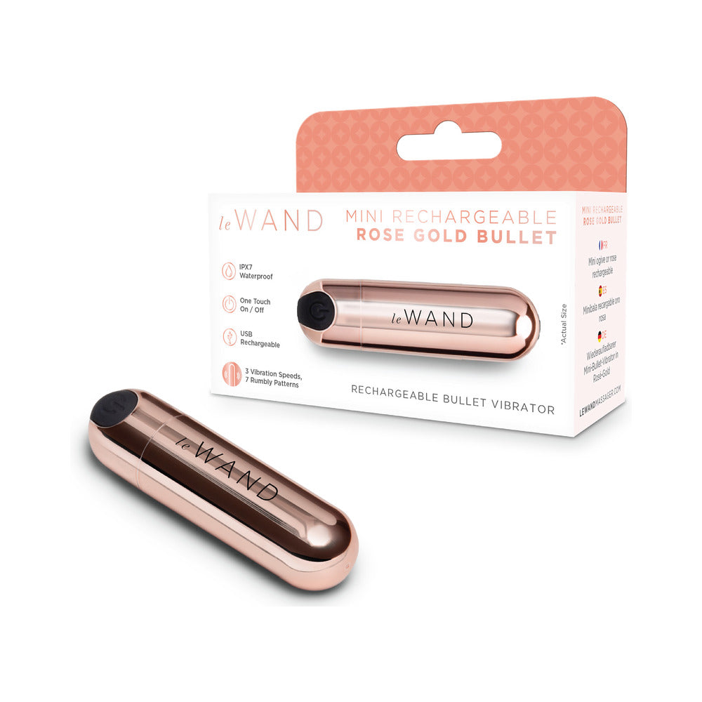 Le Wand Essentials Mini Rose Gold Bullet Vibrator with sleek design, three speeds, and waterproof features.