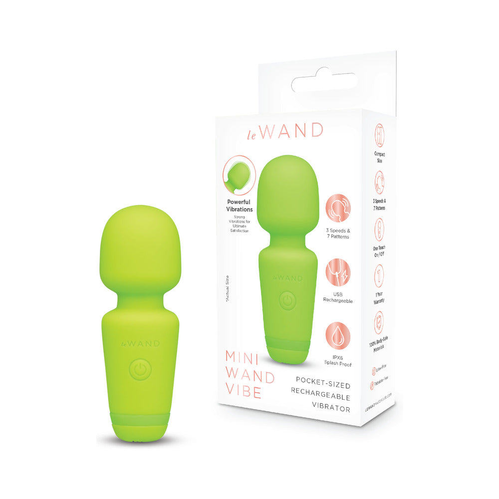 Le Wand Essentials Mini Wand Vibe Pocket-sized Vibrator in green color with packaging.
