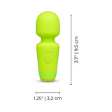 Le Wand Essentials Mini Wand Vibe Pocket-sized Vibrator in vibrant green color with dimensions shown.