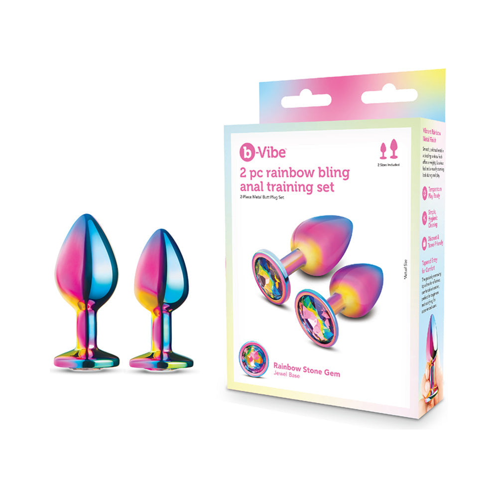 B-vibe Essentials 2-piece Rainbow Bling Anal Training Set featuring colorful anal plugs and stylish packaging.