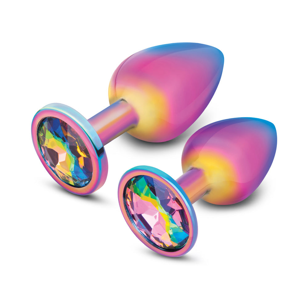 B-vibe Essentials 2-piece Rainbow Bling Anal Training Set featuring colorful anal plugs with bling accents.