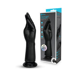 B-vibe Essentials Silicone Hand Fisting Dildo Black in packaging showcasing its hand-shaped design.