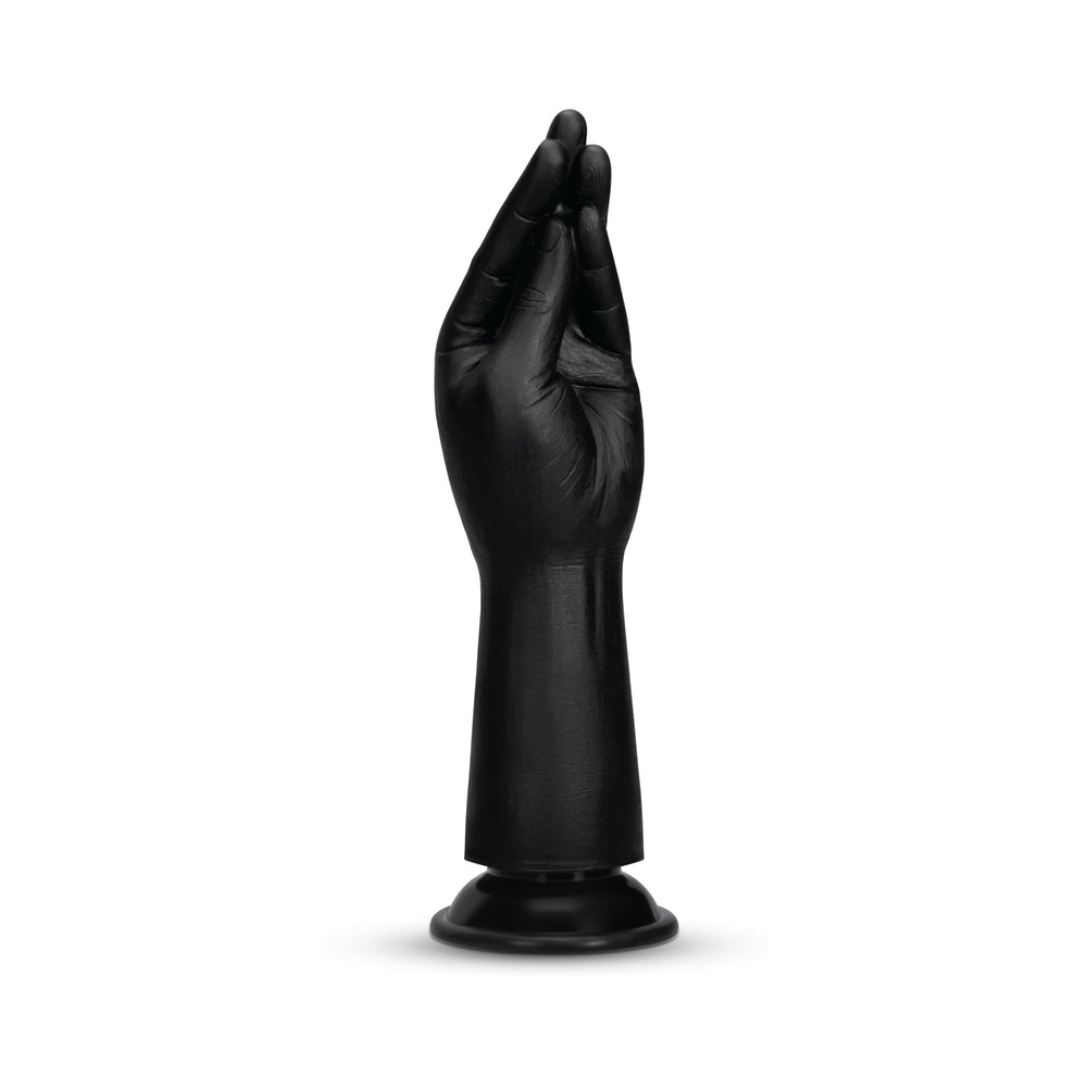 B-vibe Essentials Silicone Hand Fisting Dildo Black showcasing its hand-shaped design for deep exploration.