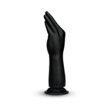 B-vibe Essentials Silicone Hand Fisting Dildo Black displayed upright, showcasing its unique hand-shaped design in black silicone.