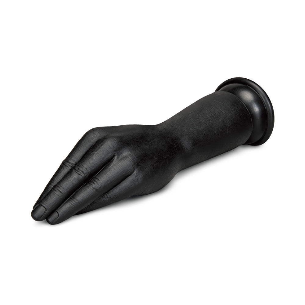 B-vibe Essentials Silicone Hand Fisting Dildo Black showcasing its unique hand-shaped design for deep sensation.