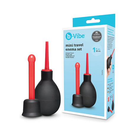 b-Vibe Essentials Mini Travel Enema Set 30 ml with squeezable bulb and attachable nozzles for discreet anal hygiene.