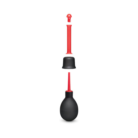 b-Vibe Essentials Mini Travel Enema Set 30 ml components showing a black squeezable bulb and red attachments.
