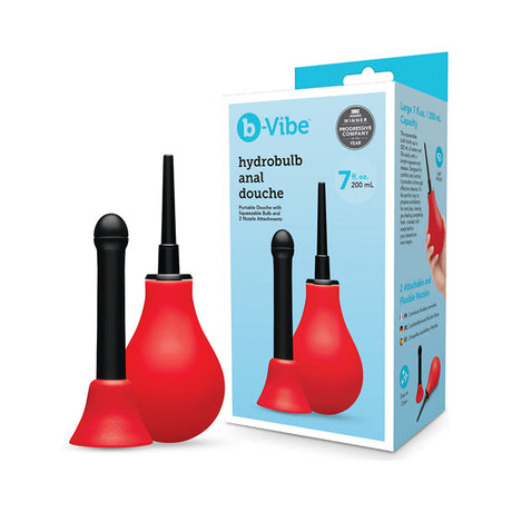 b-Vibe Essentials Hydrobulb Anal Douche 200 ml with squeezable bulb and two nozzle attachments in packaging.