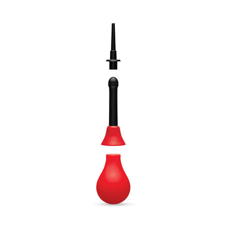 b-Vibe Essentials Hydrobulb Anal Douche 200 ml in red, featuring a squeezable bulb and detachable nozzle.