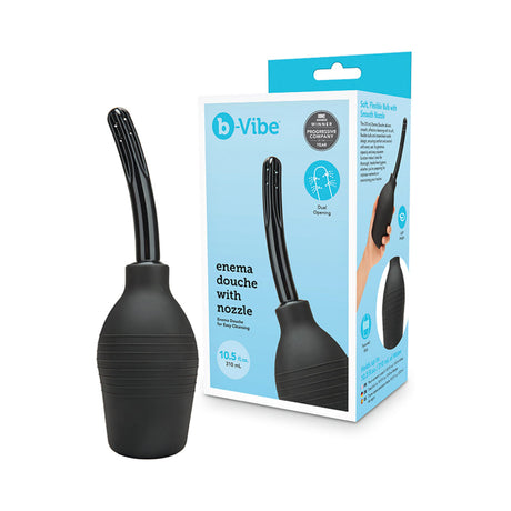 b-Vibe Essentials Enema Douche With Nozzle 310 mL Black shown with packaging for easy anal hygiene.