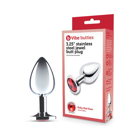 B-Vibe 3.25 Inch Stainless Steel Jewel Butt Plug Red with polished design and sparkling red jewel base.