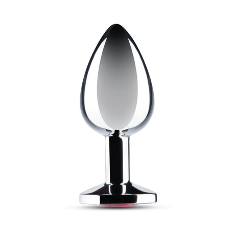 B-Vibe 3.25 Inch Stainless Steel Jewel Butt Plug Red showcasing its polished design and sparkling jewel base.