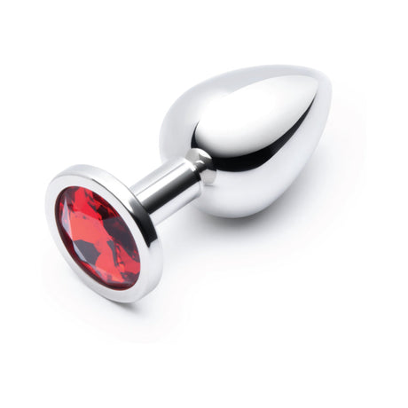 B-Vibe 3.25 Inch Stainless Steel Jewel Butt Plug Red with polished steel and sparkling red jewel base.