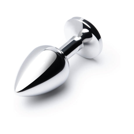 B-Vibe 3.25 Inch Stainless Steel Jewel Butt Plug Red showcasing polished steel and sparkling red jewel base.