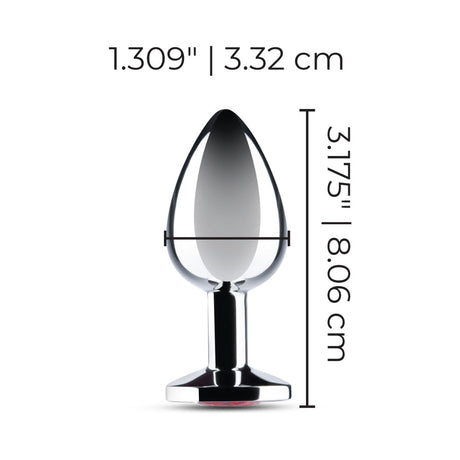 B-Vibe 3.25 Inch Stainless Steel Jewel Butt Plug Red dimensions of 1.309 inch width and 3.175 inch height shown.