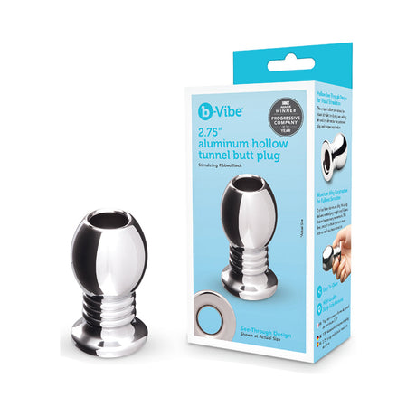 b-Vibe Essentials 2.75 Inch Aluminum Hollow Tunnel Butt Plug displayed with packaging and features.