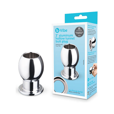 b-Vibe Essentials 3 Inch Aluminum Hollow Tunnel Butt Plug with sleek design and packaging.