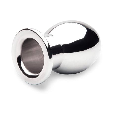 b-Vibe Essentials 3 Inch Aluminum Hollow Tunnel Butt Plug showcasing sleek metal design.