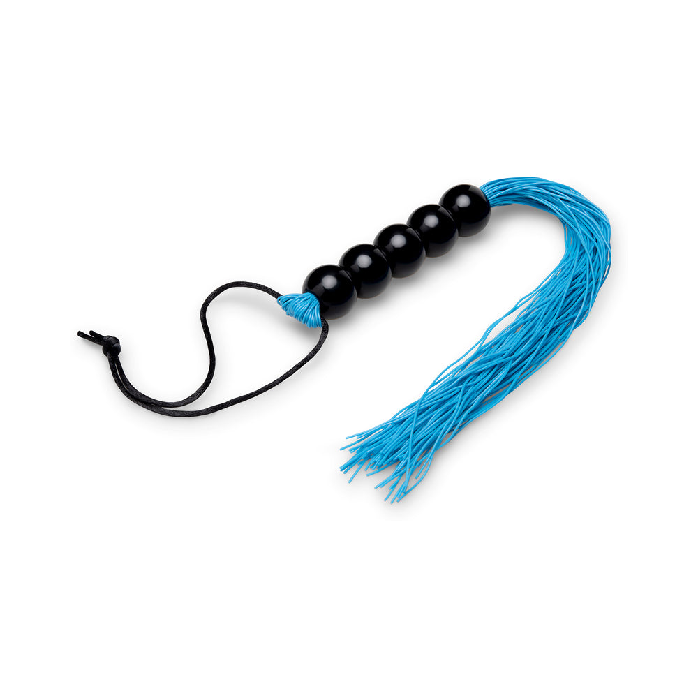 B-vibe Essentials Beaded Flogger with black beads and blue tassel detailing, ideal for playful impact play.