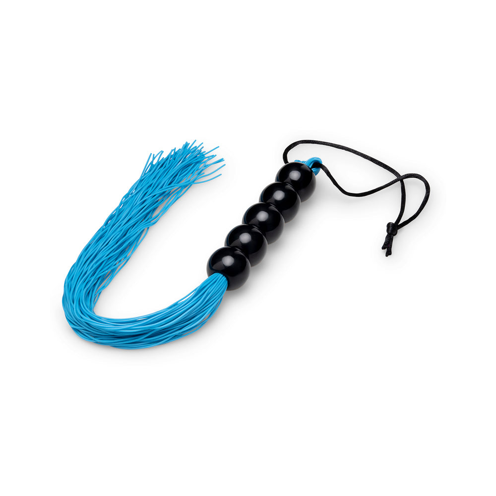 B-vibe Essentials Beaded Flogger with blue tassels and black beads, perfect for sensation play.