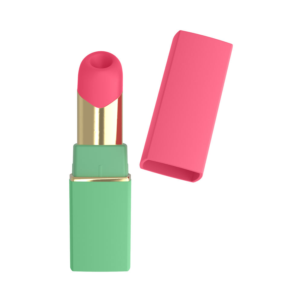Womanizer Beauty Air Pulse Stimulator Green & Pink styled as a lipstick with cap open.