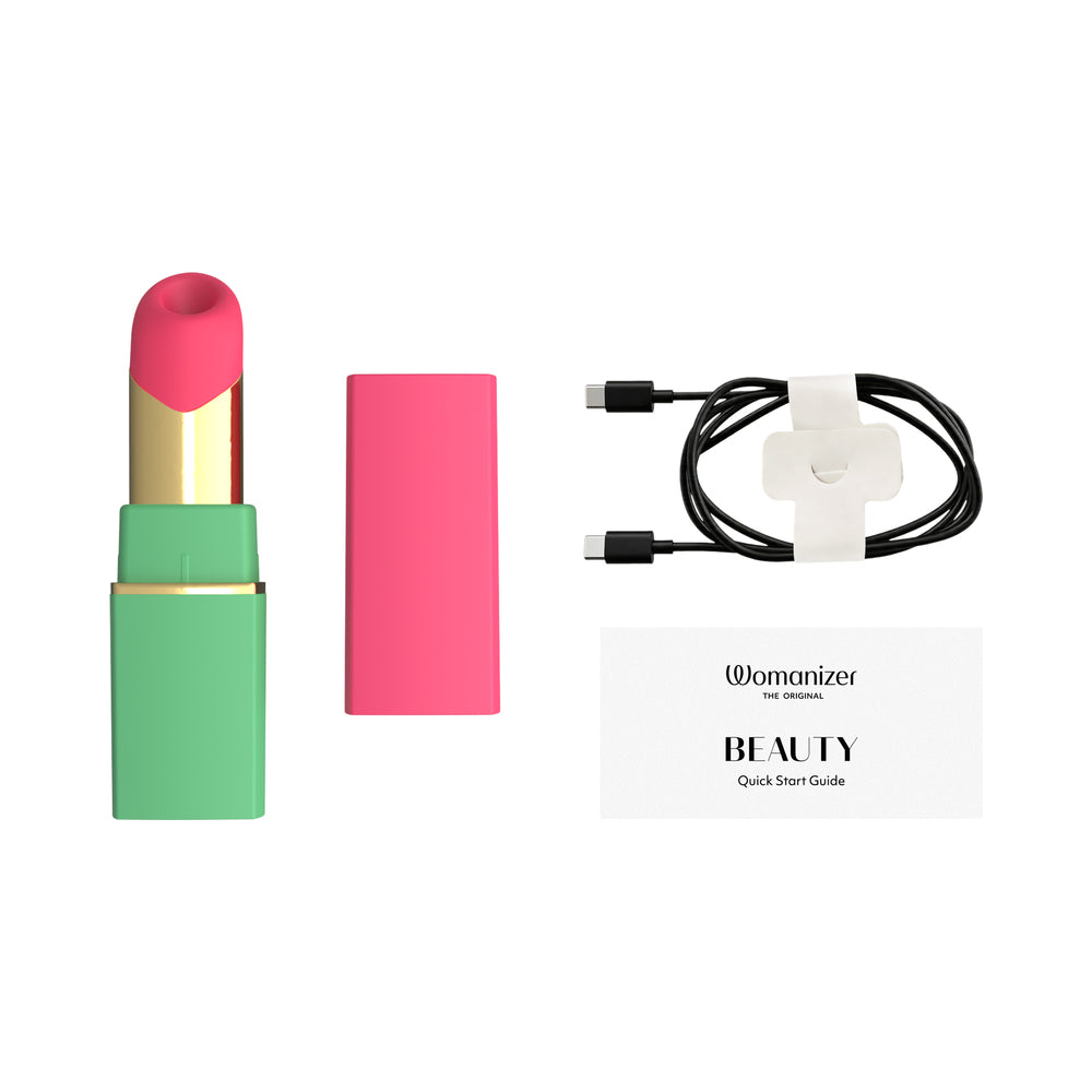 Womanizer Beauty Air Pulse Stimulator Green & Pink with charger and quick start guide