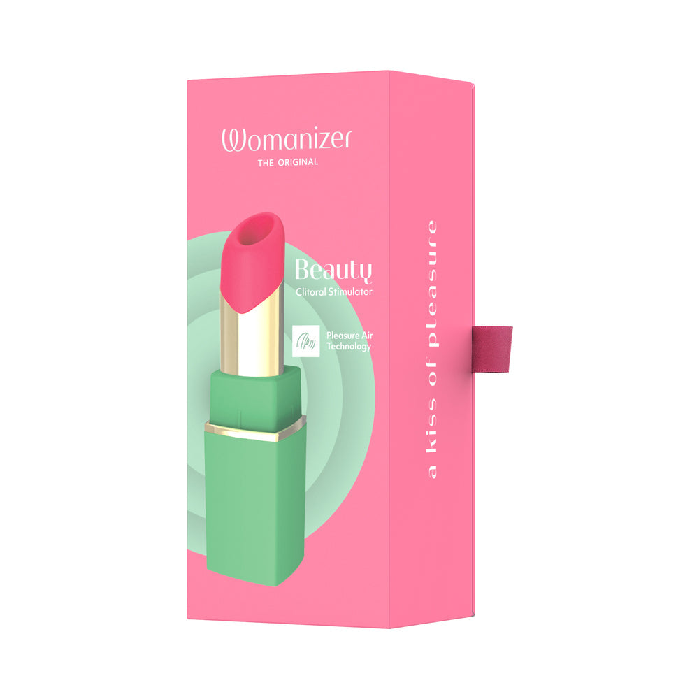 Womanizer Beauty Air Pulse Stimulator Green & Pink in lipstick form with packaging showcasing Pleasure Air Technology.