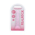 Realrock Realistic Dildo 5 Inch Pink packaging with a crystal clear dildo displayed, featuring suction cup.