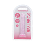 Realrock Realistic Dildo 5 Inch Pink packaging with a crystal clear dildo displayed, featuring suction cup.