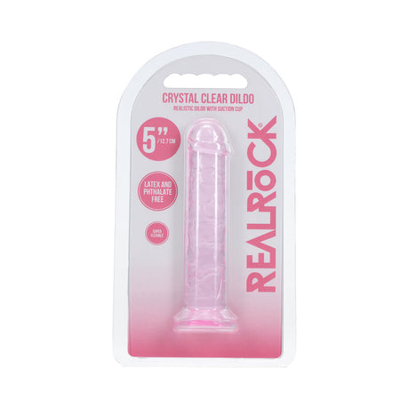 Realrock Realistic Dildo 5 Inch Pink packaging with a crystal clear dildo displayed, featuring suction cup.