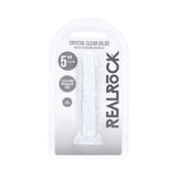 Realrock Realistic Dildo 5 Inch Transparent packaged with suction cup and details on material.