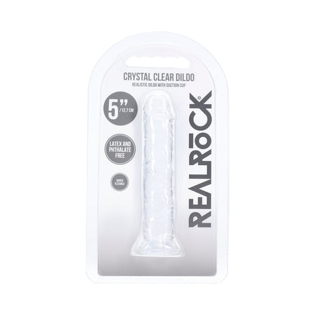 Realrock Realistic Dildo 5 Inch Transparent packaged with suction cup and details on material.