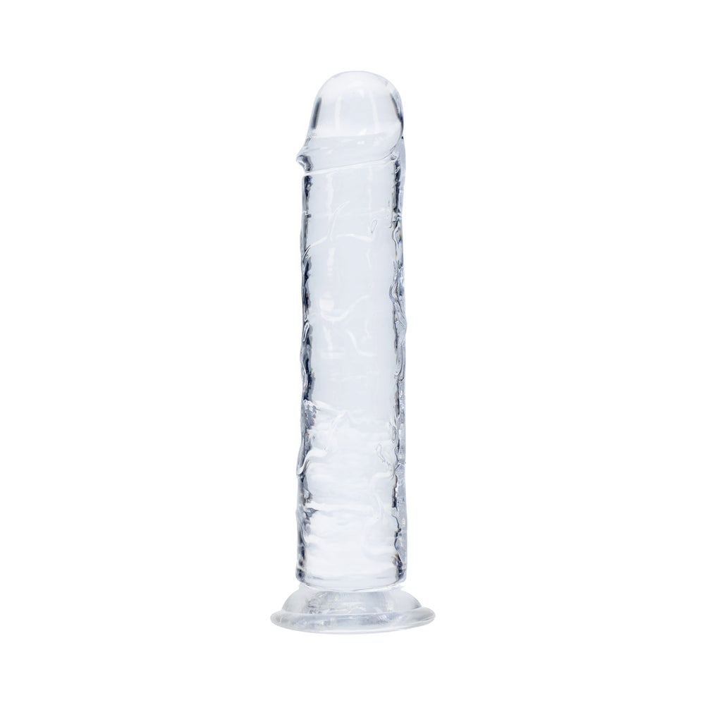 Realrock Realistic Dildo 5 Inch Transparent showing clear, lifelike design with defined head and ridged shaft.