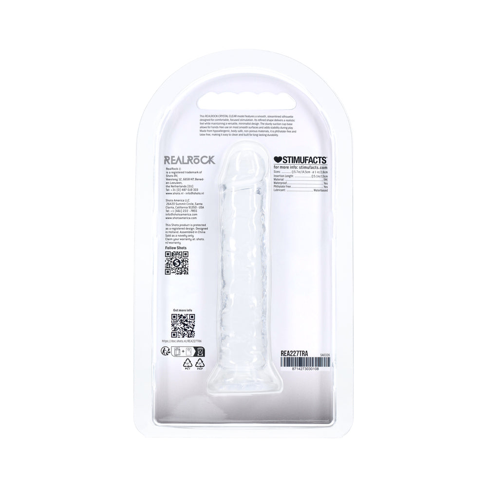 Realrock Realistic Dildo 5 Inch Transparent packaging showing see-through design and detailed product information.
