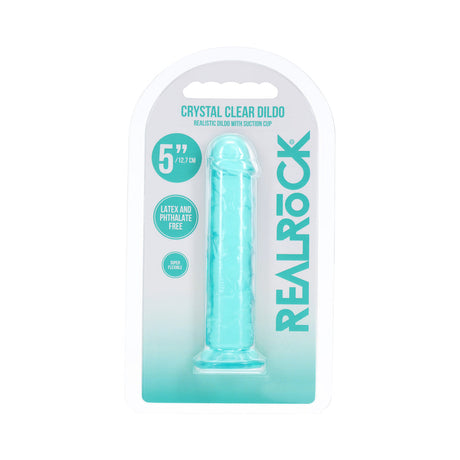 Realrock Realistic Dildo 5 Inch Turquoise in packaging, showcasing its lifelike detail and bold color.