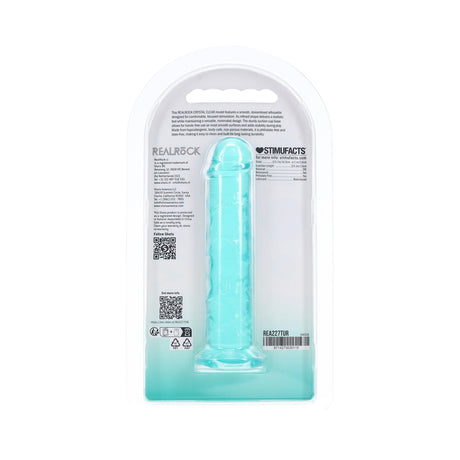 Realrock Realistic Dildo 5 Inch Turquoise in packaging showcasing its detailed design and vibrant color.