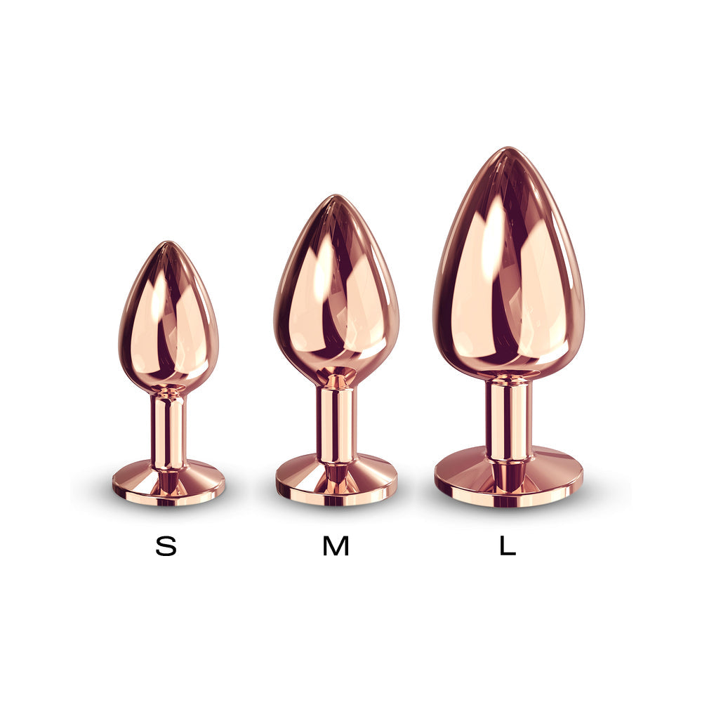 Dorcel Diamond Butt Plug Rose Gold Medium displayed alongside small and large sizes for comparison