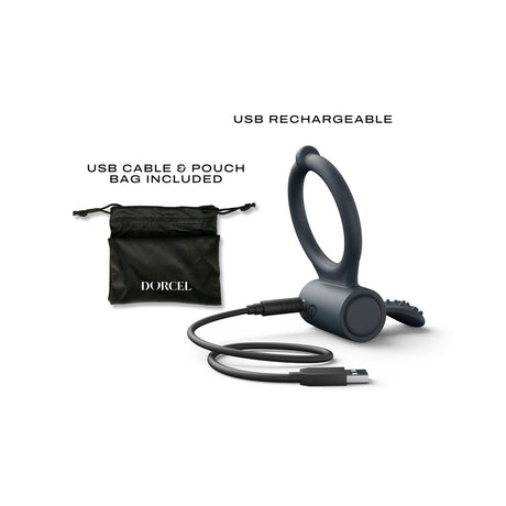 Dorcel Power Clit Plus Vibrating Cockring with USB recharge cable and pouch bag included.
