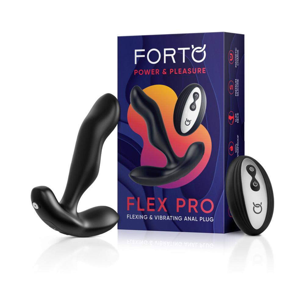 Forto Flex Pro Anal Toy in Black with packaging, showcasing its sleek design for anal exploration.