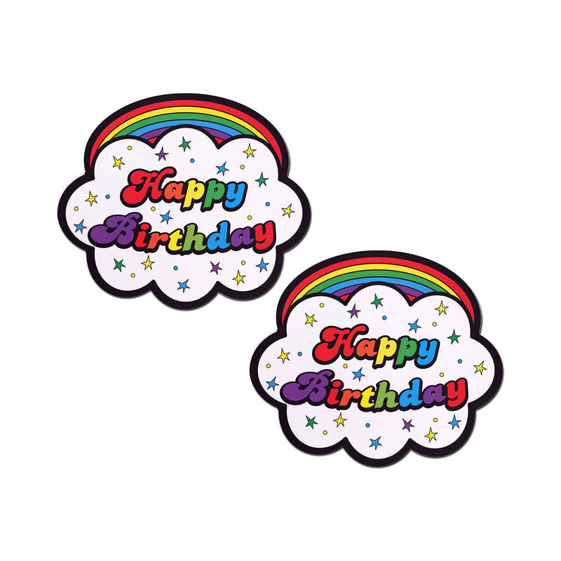 Pastease Happy Birthday Cloud Rainbow Pasties featuring colorful cloud shapes and cheerful birthday text.