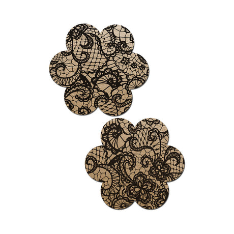 Pastease Lace Flower Nipple Pasties Beige and Black featuring delicate floral lace design on a nude base.