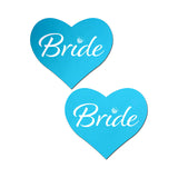 Pastease Bride Blue Heart Pasties in a playful robin's egg blue with 'Bride' text.