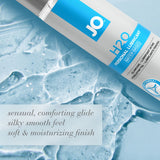 Jo H2o Original Water-based Lubricant 2 Oz bottle on a soft blue background with water droplets.